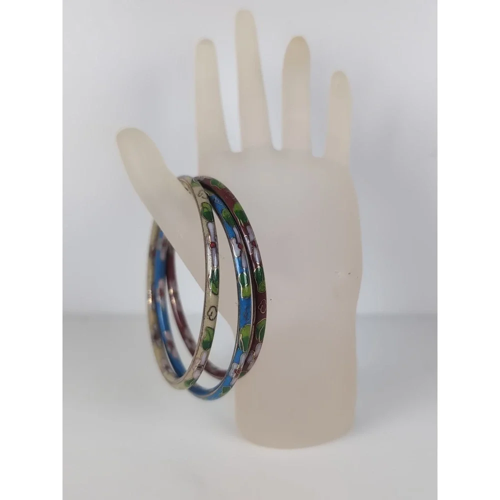 Cloisonné Bangles Bracelet Set of 3 Floral Metal Enamel Jewelry Vintage Retro